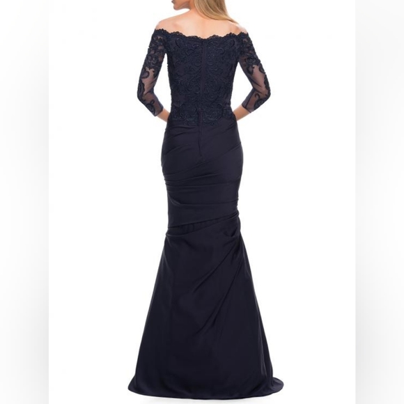 NWOT La Femme Sparkly Off The Shoulder 3/4 Illusion Lace Sleeve Mermaid Gown 2 - Picture 2 of 8